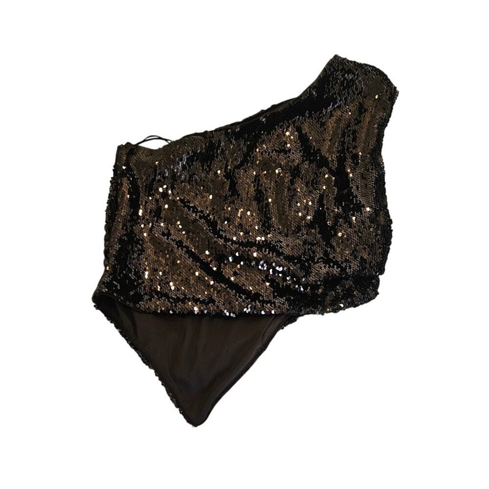 KHY Black One Shoulder Sequin Cropped Asymmetrical Party Top Size L
